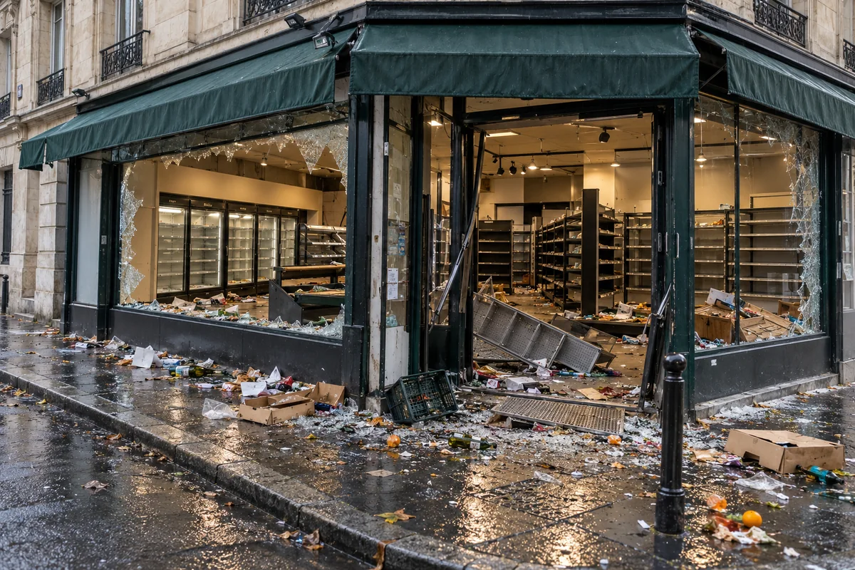 Commerce alimentaire d’angle : étagères dépouillées et marchandises résiduelles au sol