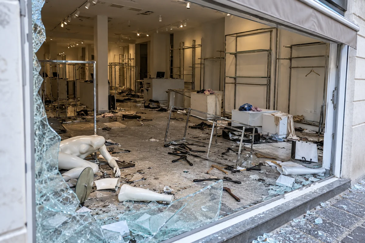 Boutique de vêtements : portants vidés, vitrine cassée et mobilier renversé