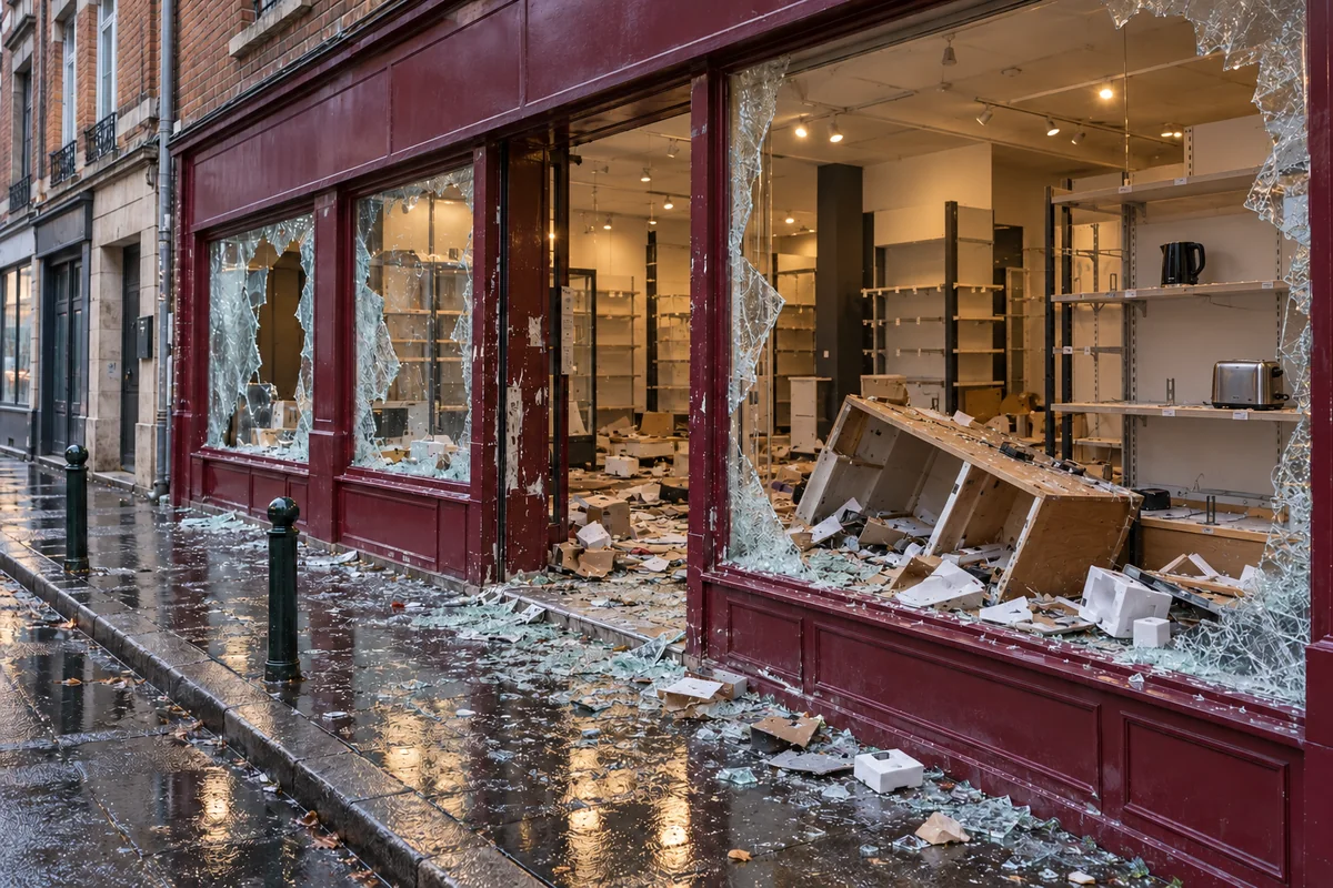 Magasin d’électroménager aux rayons dépouillés derrière une vitrine brisée