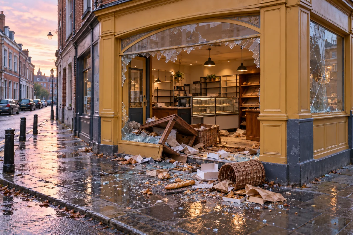 Boulangerie aux vitrines brisées, paniers renversés et présentoirs presque vides