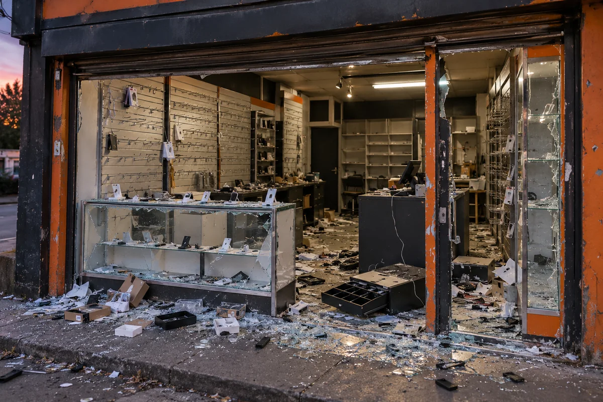 Téléphonie : présentoirs vidés, comptoir brisé et emballages abandonnés