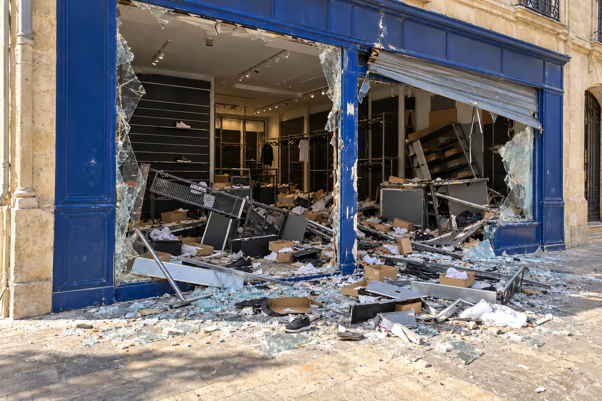 Vitrine de magasin de sport brisée, présentoirs dévalisés et mobilier renversé