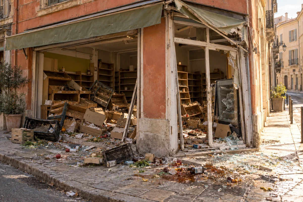Épicerie d’angle endommagée avec étalages presque vides et cagettes renversées