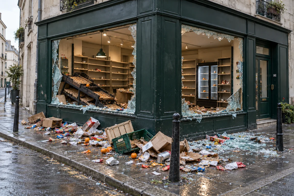 Épicerie d’angle aux vitrines brisées et aux rayons presque vides