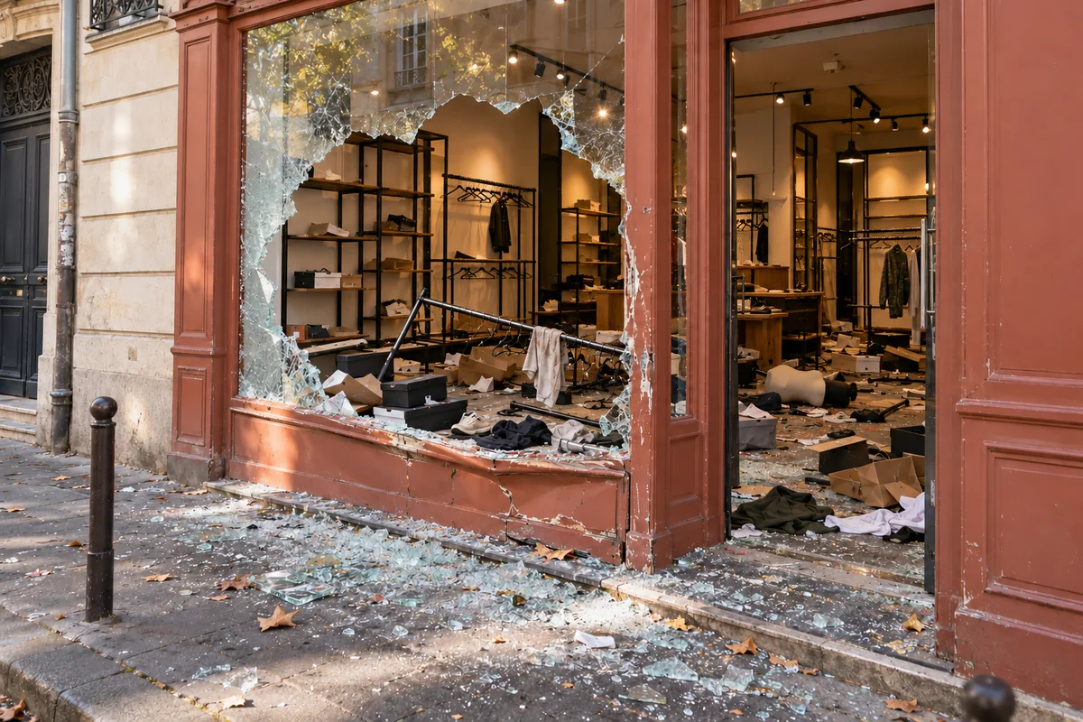 Boutique de vêtements avec vitrine brisée, portants presque vides et cartons au sol