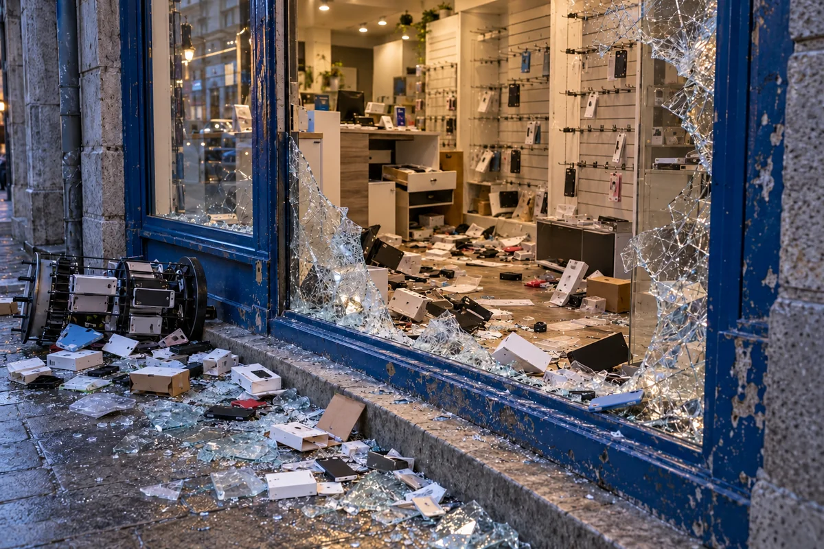 Magasin de téléphonie avec vitrine éclatée, supports presque vides et emballages dispersés