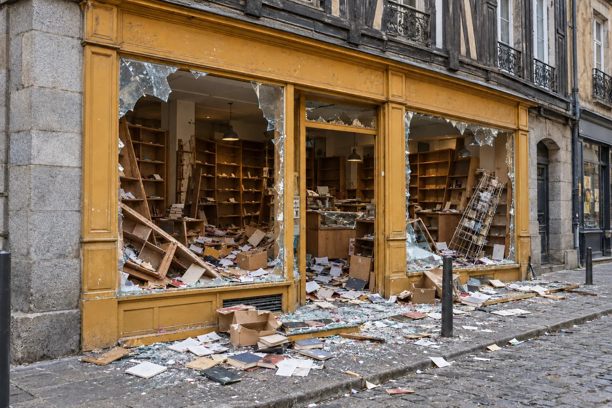 Librairie à la vitrine brisée, étagères presque vides et papiers dispersés