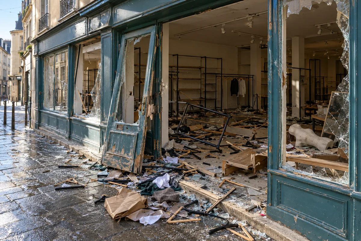 Boutique de vêtements endommagée avec portants dévalisés et mobilier cassé