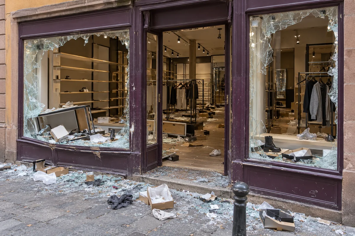Boutique de chaussures et vêtements aux vitrines brisées et aux rayons dépouillés