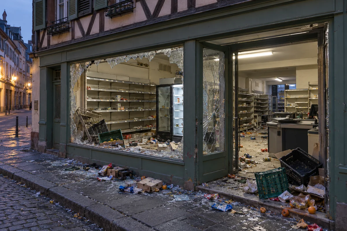 Épicerie aux vitrines cassées avec rayons presque vides et caisses renversées