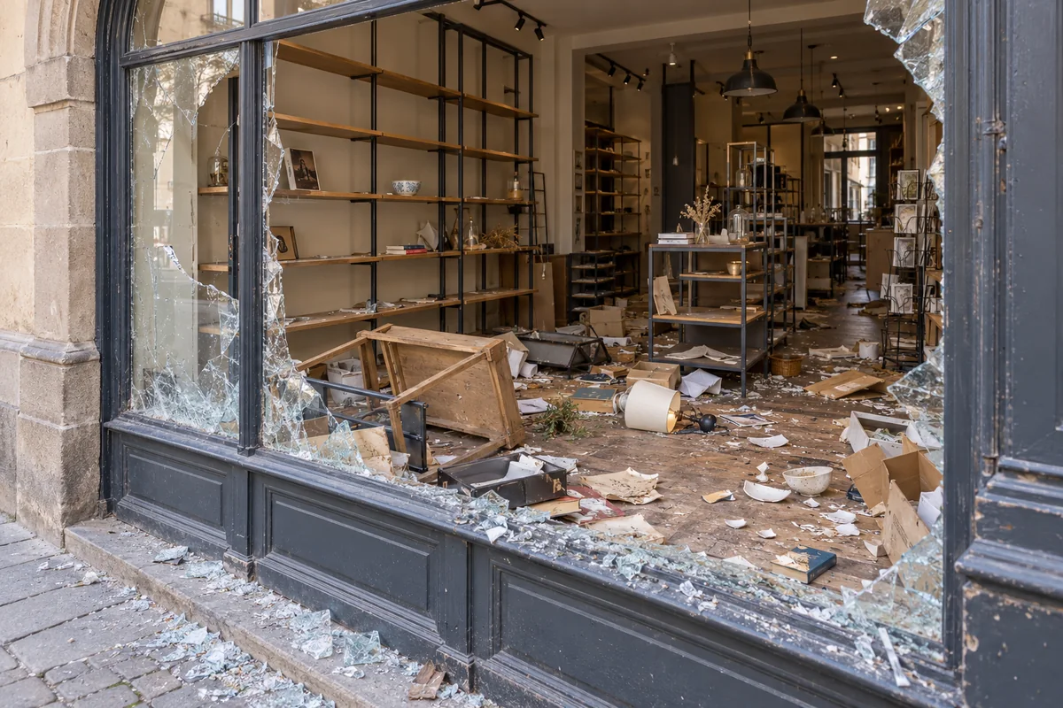 Librairie-boutique avec étagères presque vides, table renversée et débris au sol