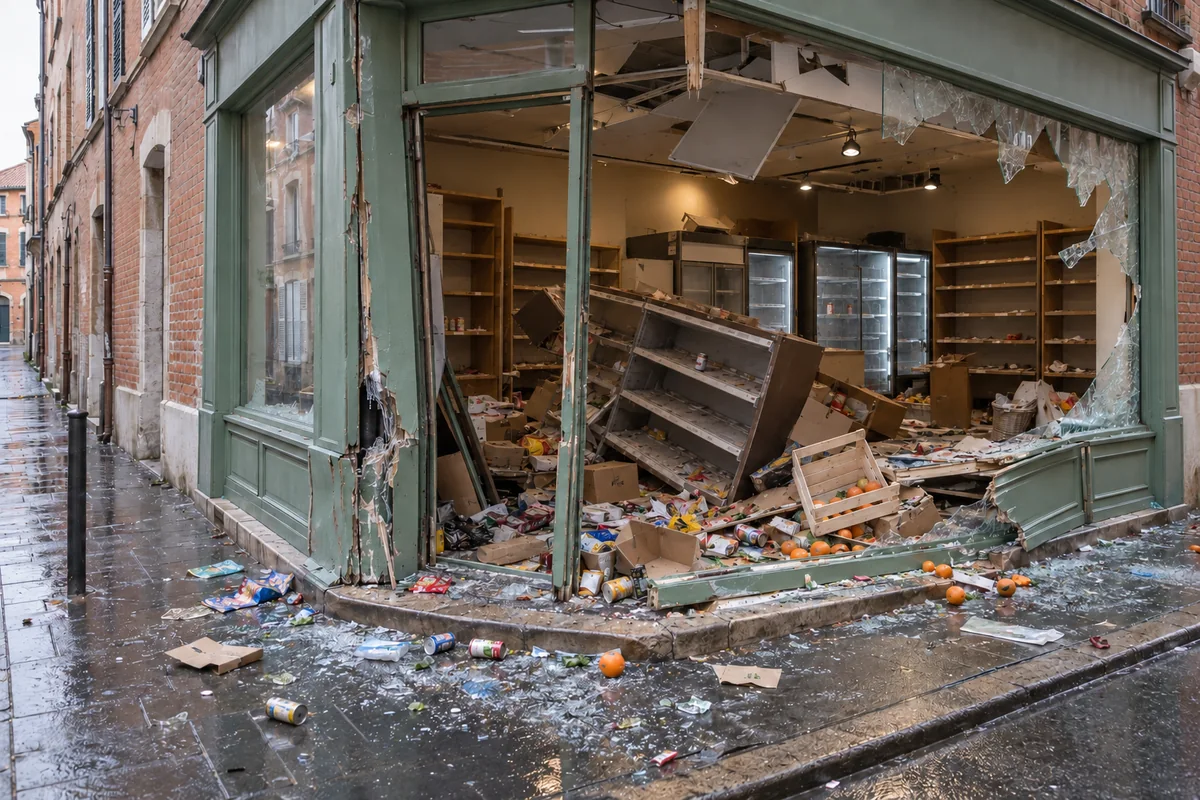 Épicerie à la vitrine brisée, rayonnages presque vides et débris au sol