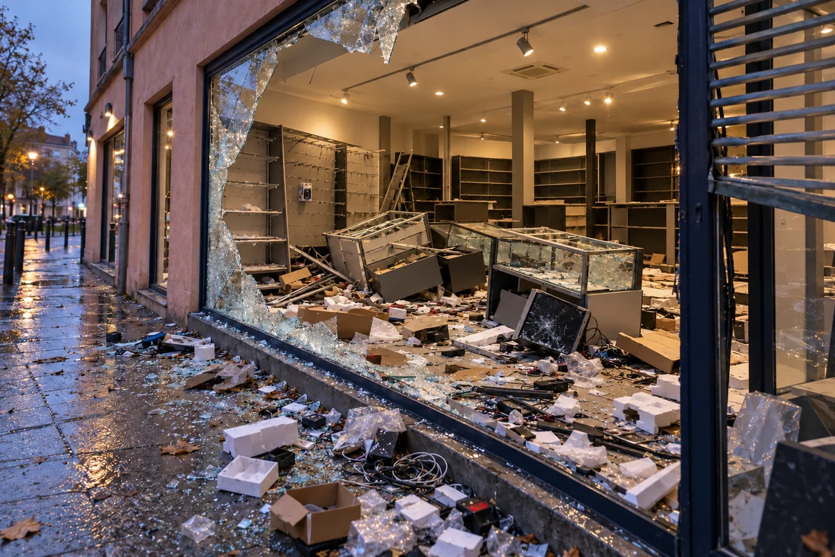 Magasin d’électronique endommagé, comptoirs brisés et étagères dévalisées