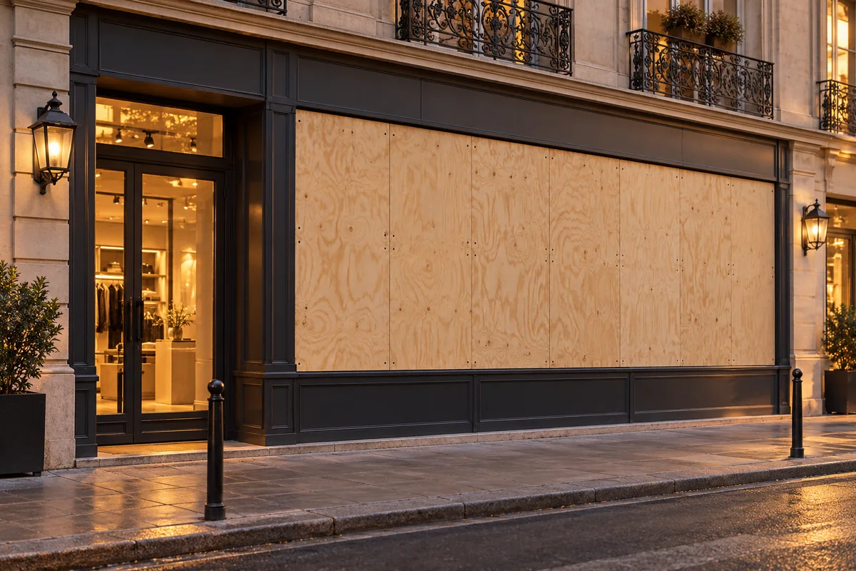 Vitrine de commerce protégée par des panneaux de bois
