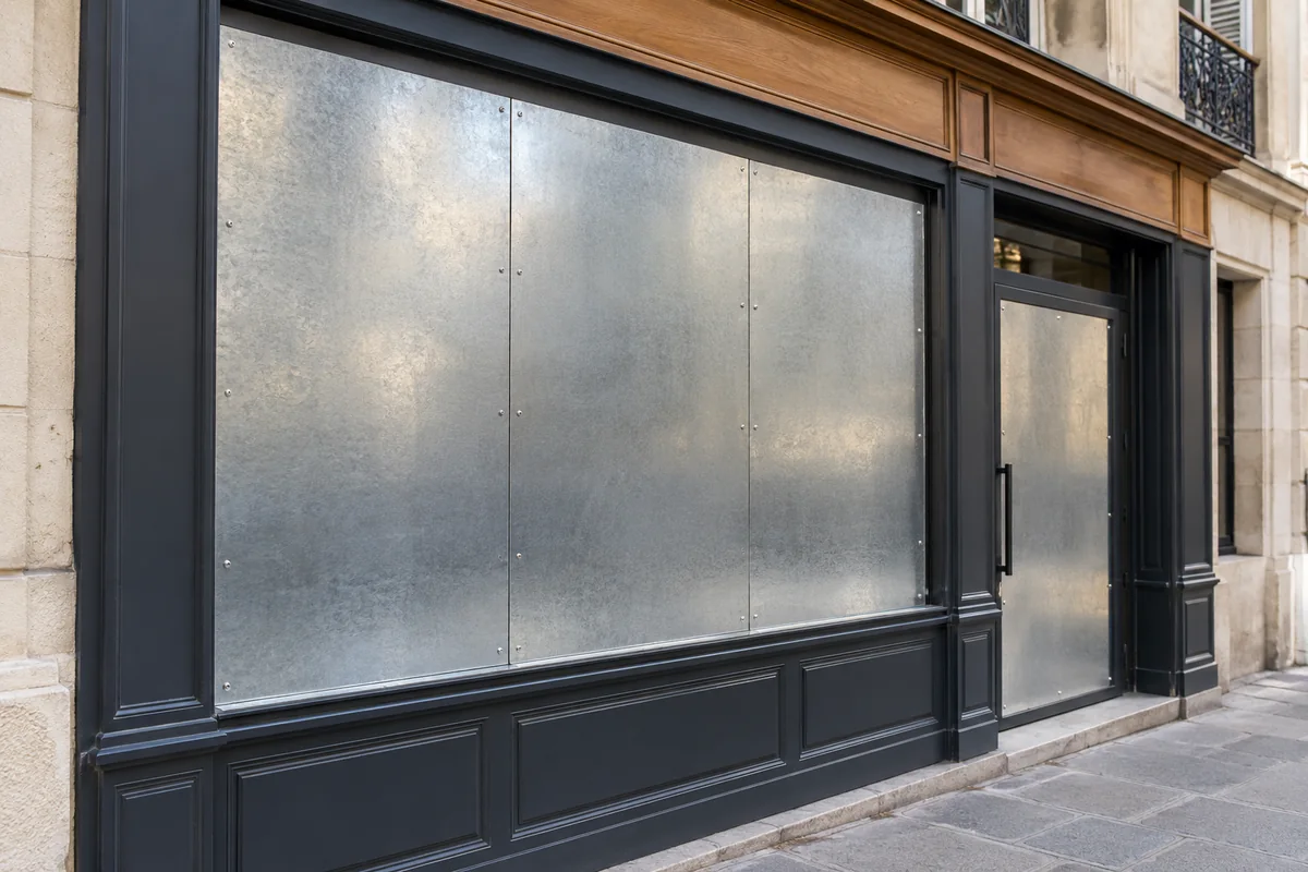 Protection provisoire d’une vitrine par panneaux métalliques