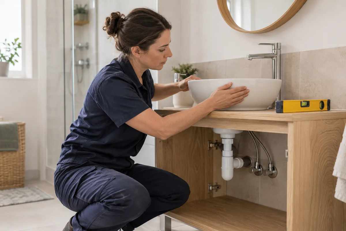 Installation d'un lavabo avec vérification de l'évacuation sous le meuble.