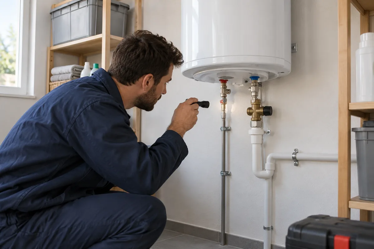 Inspection des raccordements d'un chauffe-eau électrique dans un local technique.