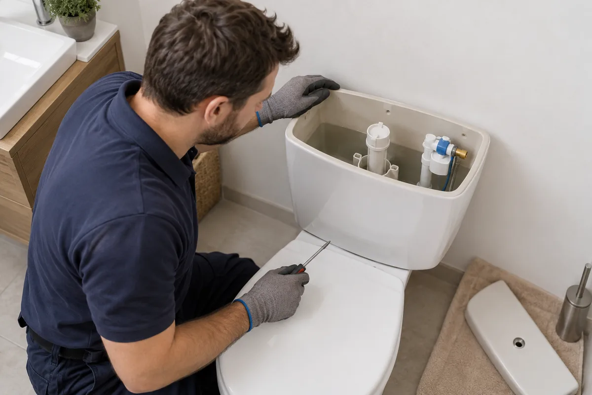 Inspection du mécanisme visible dans un réservoir de WC ouvert.