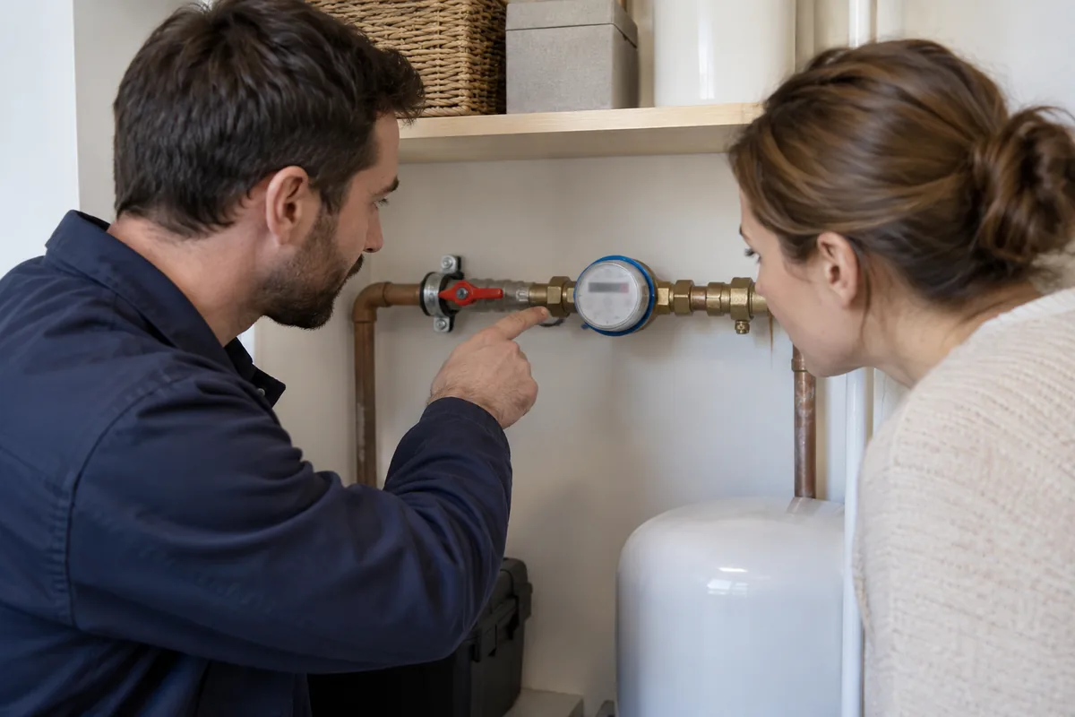 Observation d'un compteur d'eau et de ses raccordements accessibles.