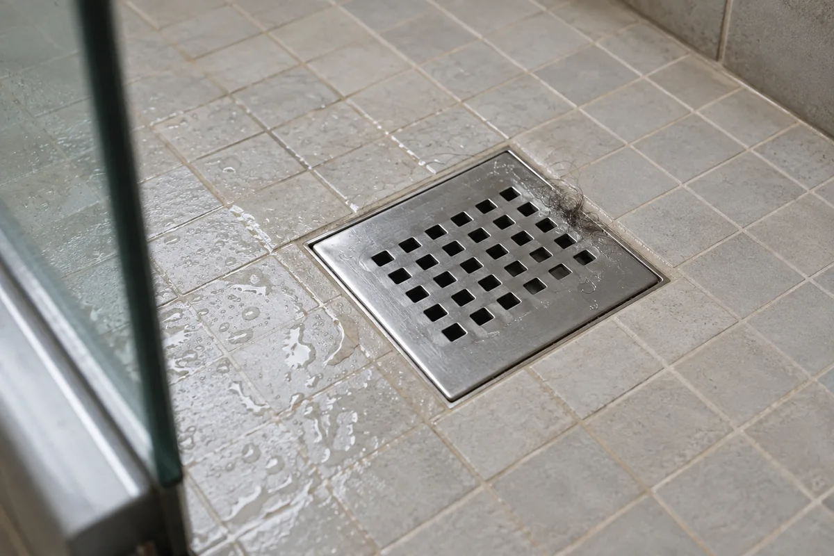 Grille de douche encombrée de quelques cheveux et d’eau résiduelle.