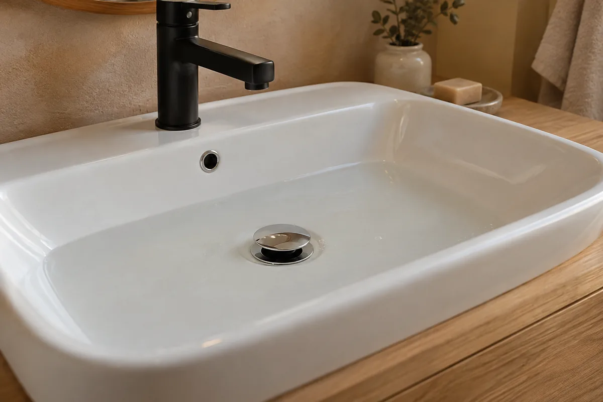 Eau résiduelle autour de la bonde ouverte d’un lavabo blanc.