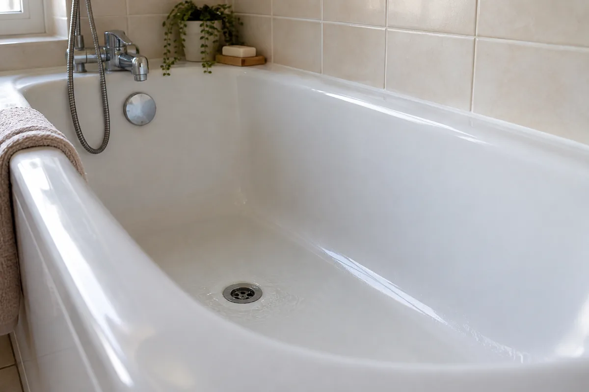 Fine couche d’eau dans une baignoire autour de sa bonde ouverte.