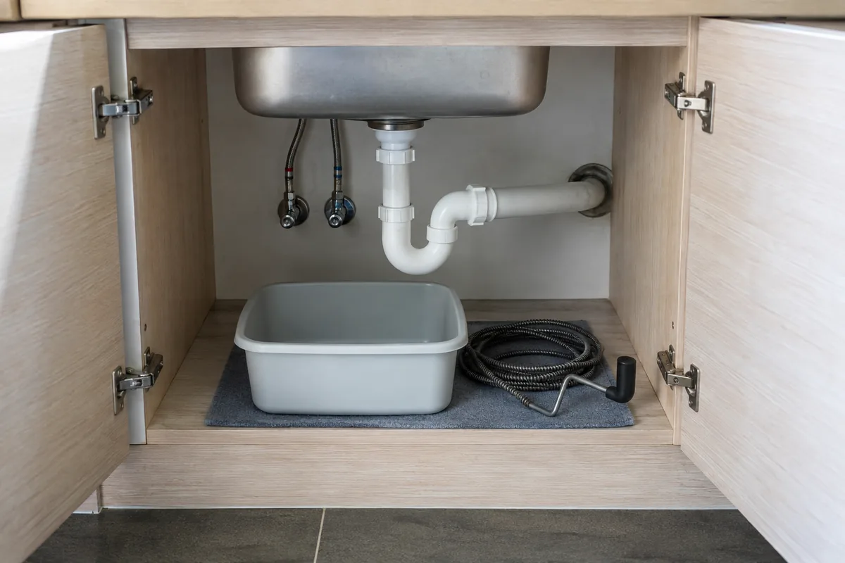 Siphon de cuisine accessible avec une bassine de récupération dessous.