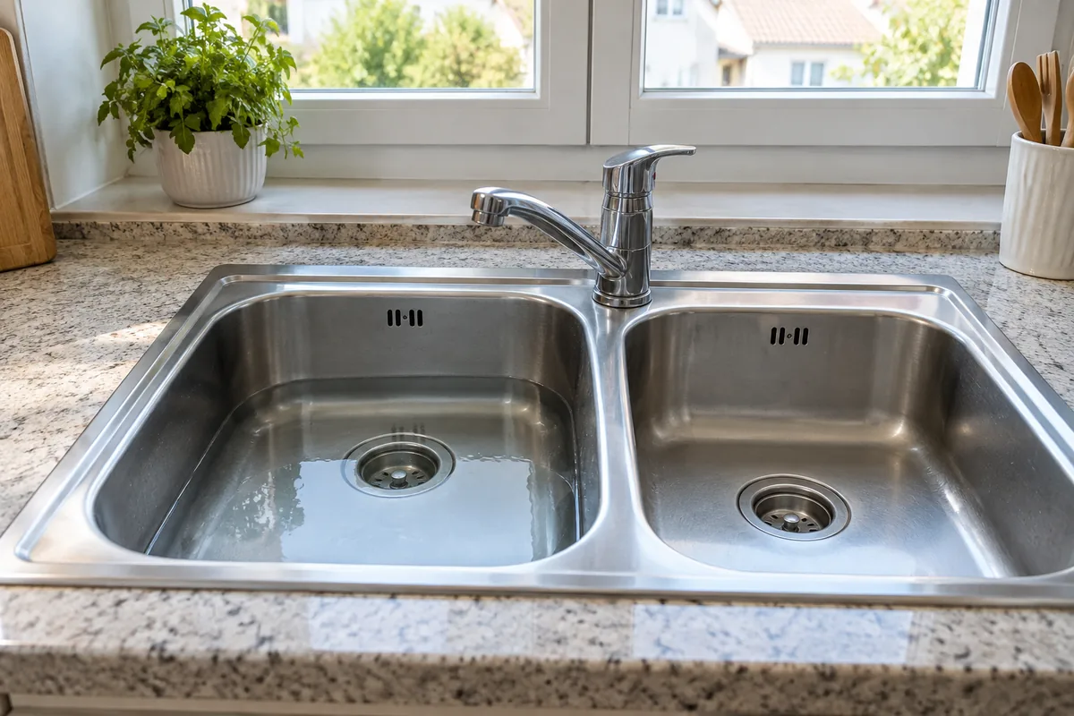 Une cuve de double évier retient de l’eau tandis que l’autre est vide.