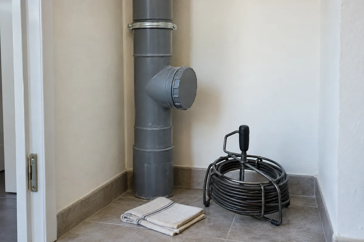 Bouchon de visite fermé sur une canalisation d’évacuation accessible.