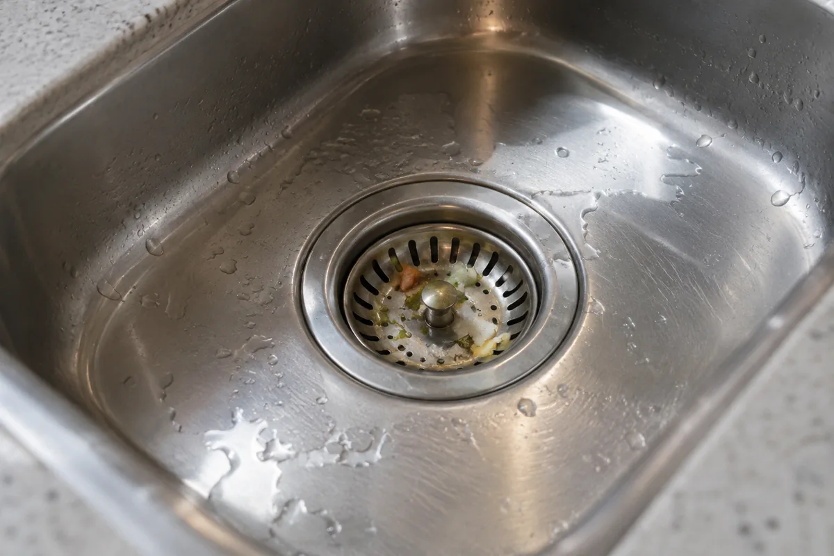 Petits résidus retenus dans la grille d’un évier inox.