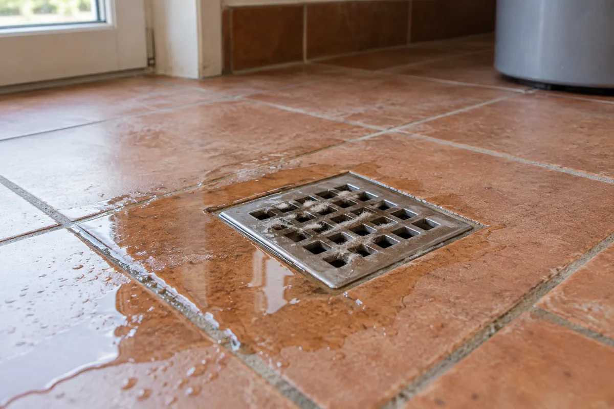 Eau résiduelle autour d’une petite grille de sol dans une buanderie.