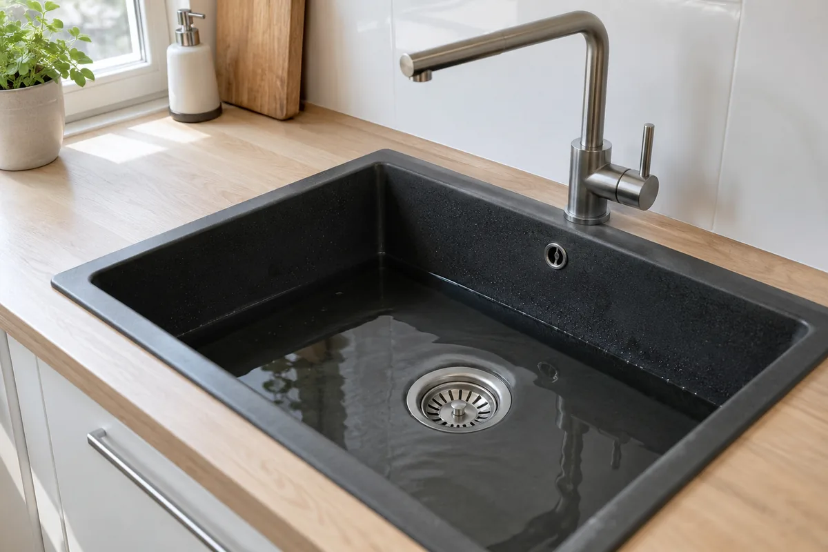 Eau stagnante dans un évier de cuisine en résine sombre.