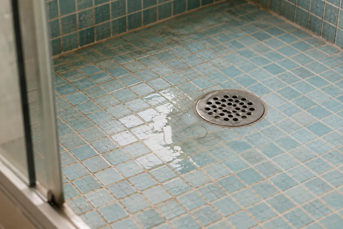 Petit fond d’eau près d’une grille de douche sur un sol en mosaïque.