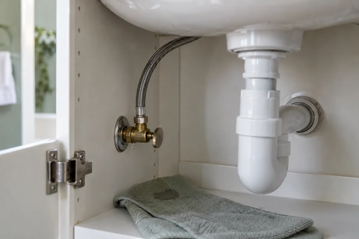 Flexible d’alimentation raccordé à une vanne humide sous un lavabo.