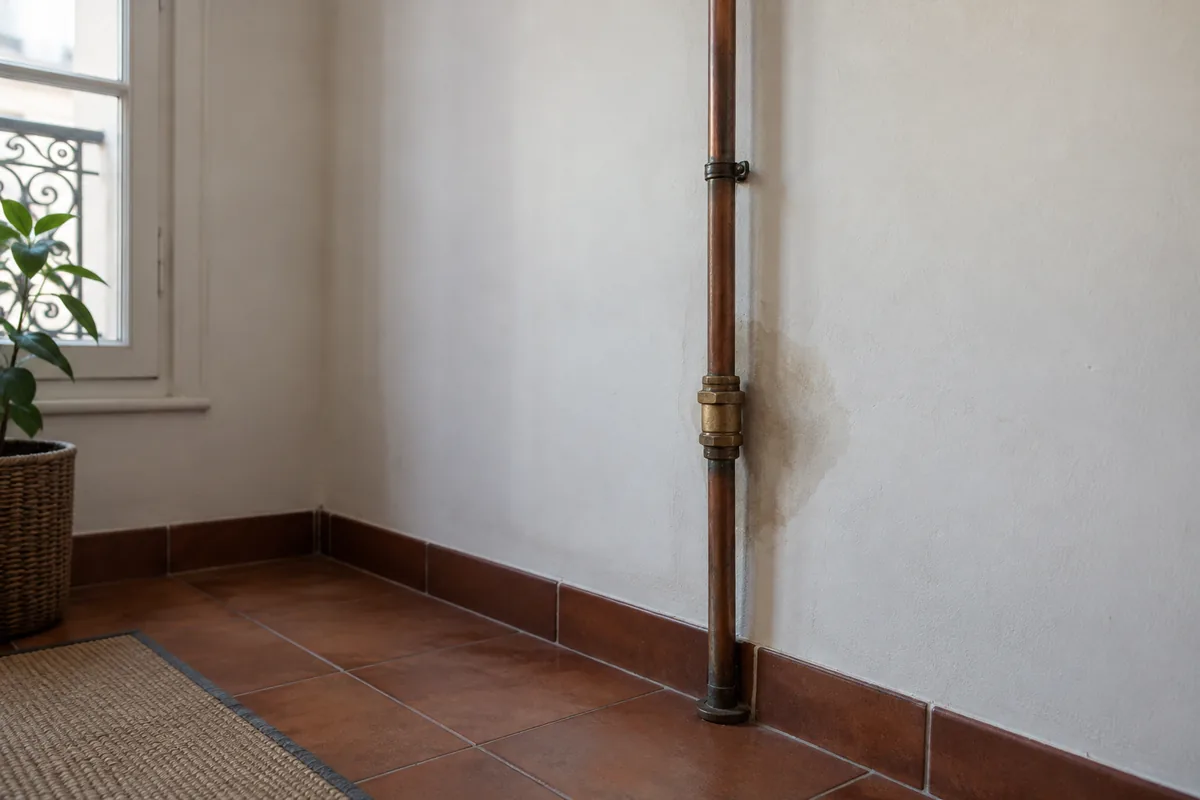Trace d’humidité près d’une canalisation apparente dans une salle d’eau.