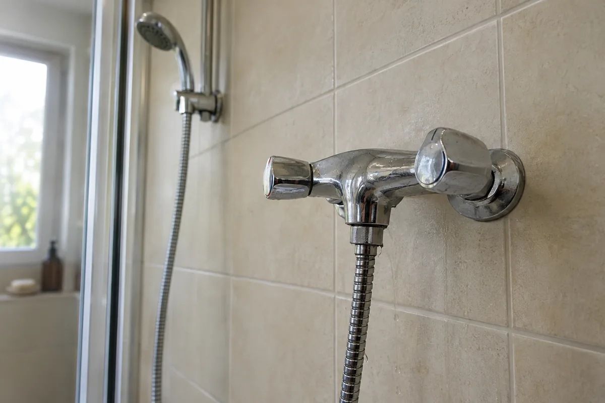 Goutte au raccord d’un flexible de douche sur un mitigeur fermé.