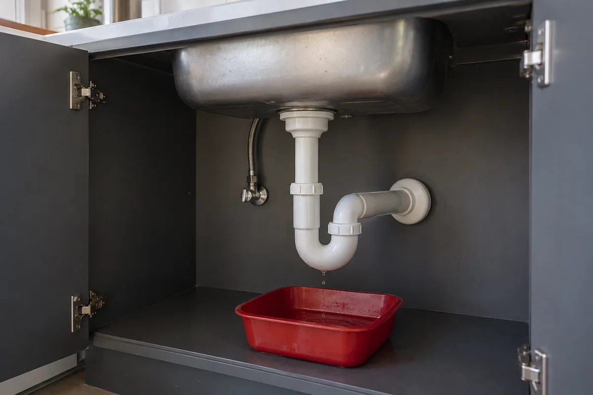 Petite fuite sous un siphon blanc d’évier de cuisine.