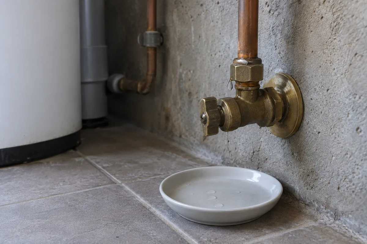 Suintement d’une sortie d’eau murale dans un petit local domestique.