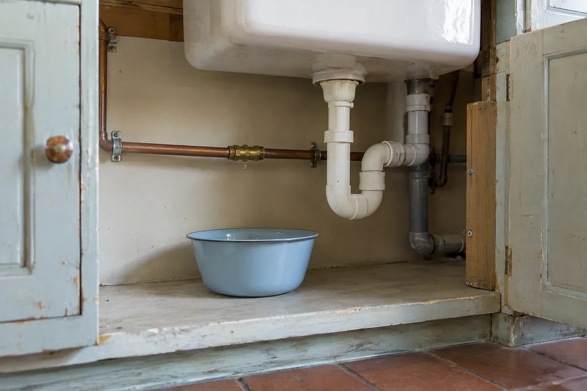 Goutte au raccord de cuivre dans le meuble d’un évier ancien.