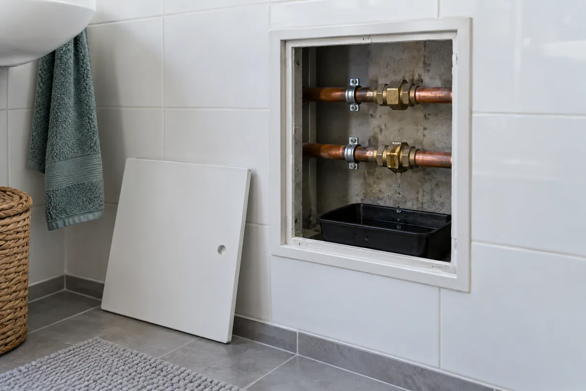 Petite trace humide autour d’un raccord derrière une trappe de salle d’eau.