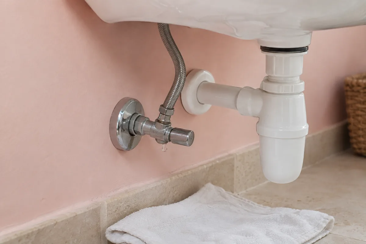 Goutte sous une vanne d’arrêt reliée à un lavabo.