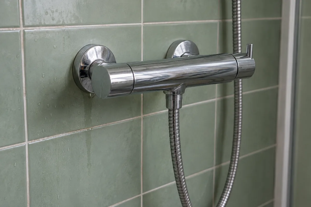 Légère trace humide autour d’un raccord de douche mural.
