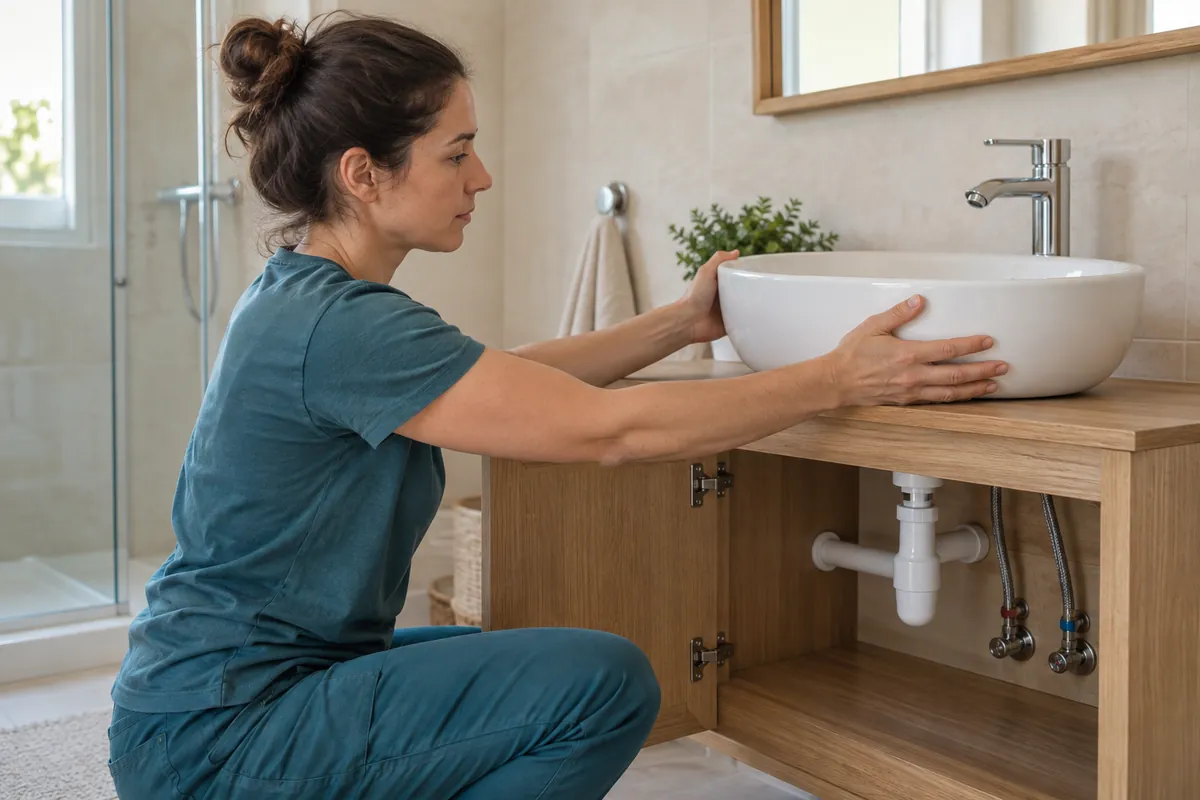 Pose d’une vasque ovale sur un meuble en bois dans une salle d’eau.