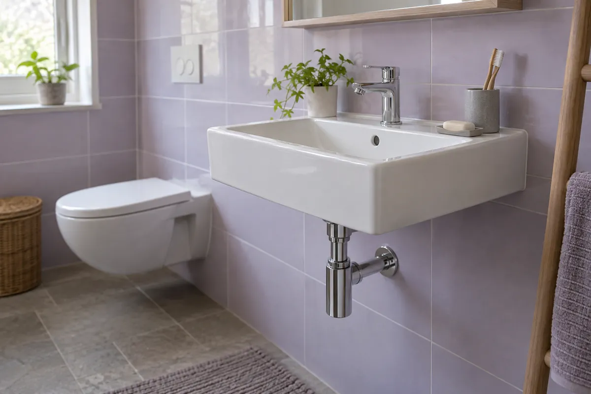 Lavabo rectangulaire mural et siphon apparent dans une petite salle d’eau.