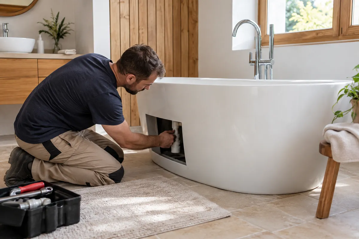 Vérification de l’évacuation accessible d’une baignoire vide.