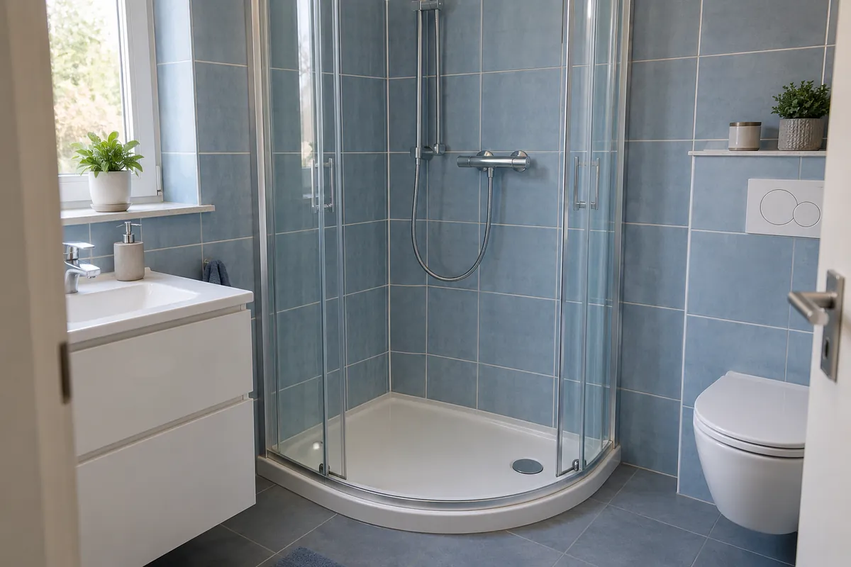 Douche d’angle avec receveur blanc et paroi courbe.