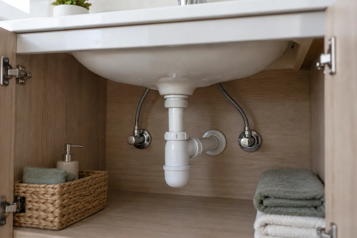 Siphon et flexibles visibles sous un lavabo dans un meuble ouvert.