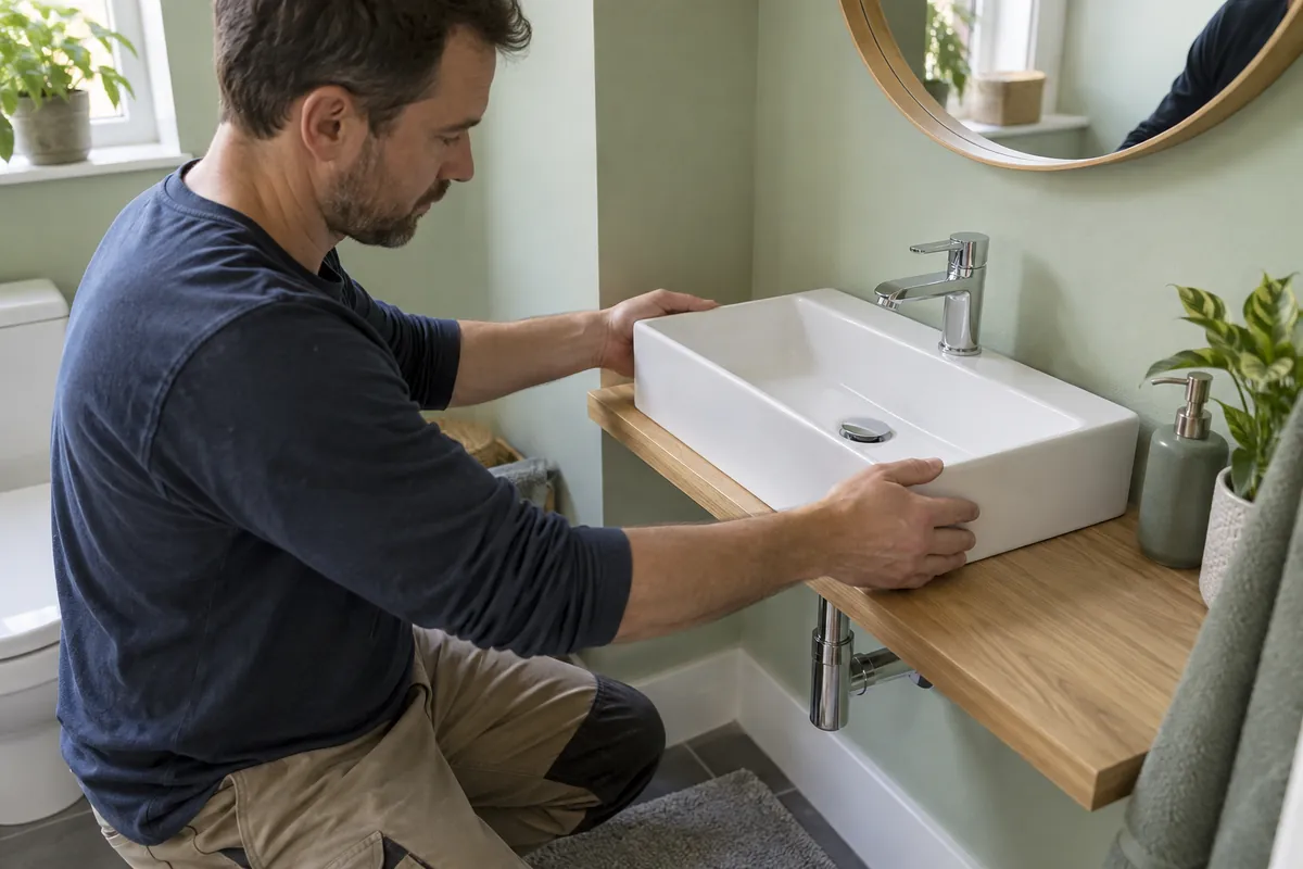 Positionnement d’un lavabo compact sur une tablette en bois.
