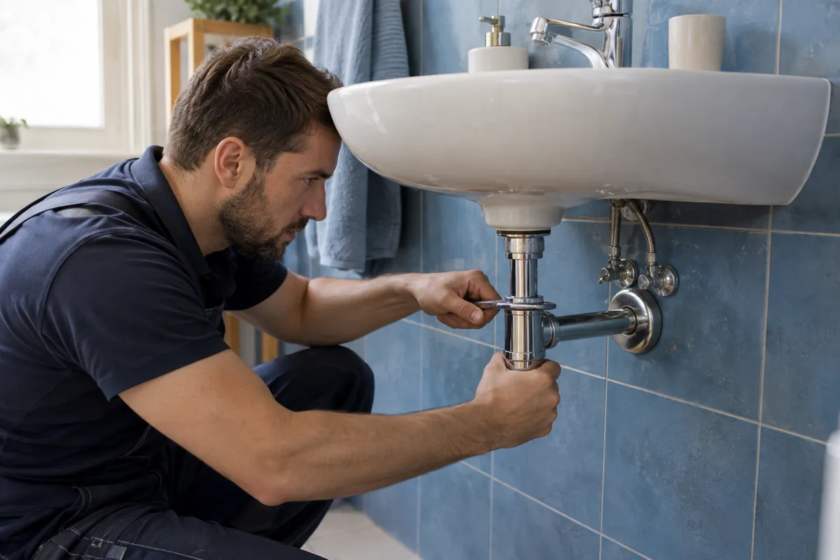 Vérification d’un raccord de siphon sous un lavabo mural.
