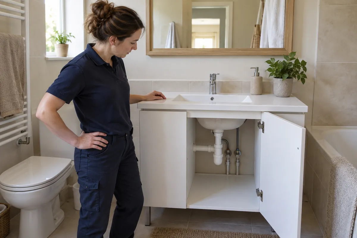 Vérification d’un meuble sanitaire avec lavabo intégré.